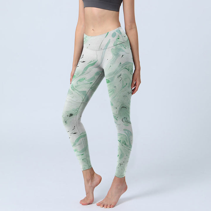 Leggings da yoga da donna con stampa a linee fluide, verde melanzana e bianco Buddha Stones