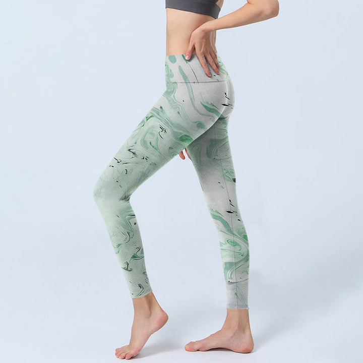 Leggings da yoga da donna con stampa a linee fluide, verde melanzana e bianco Buddha Stones