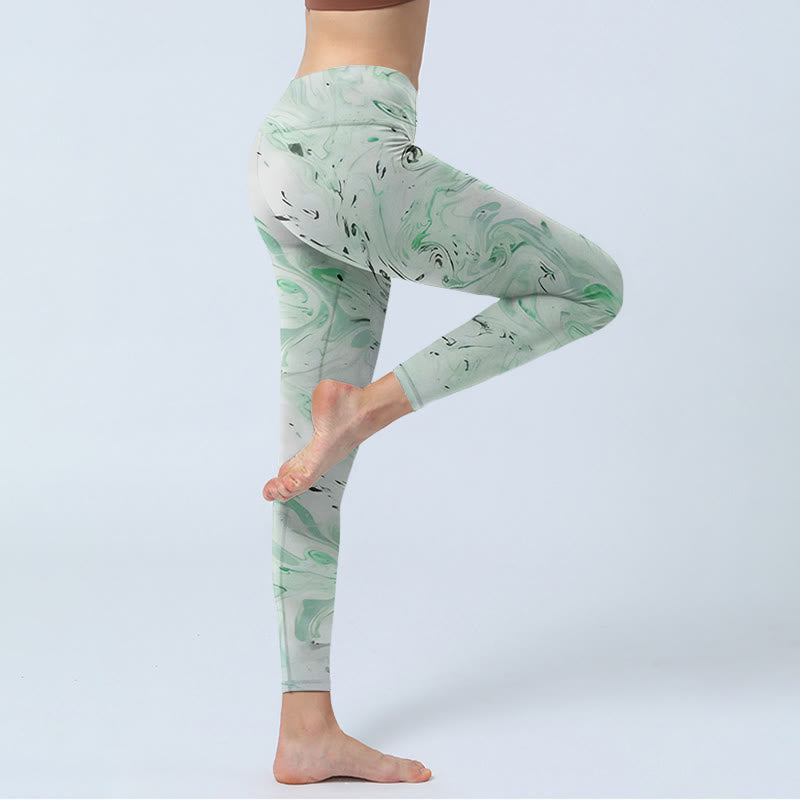 Leggings da yoga da donna con stampa a linee fluide, verde melanzana e bianco Buddha Stones