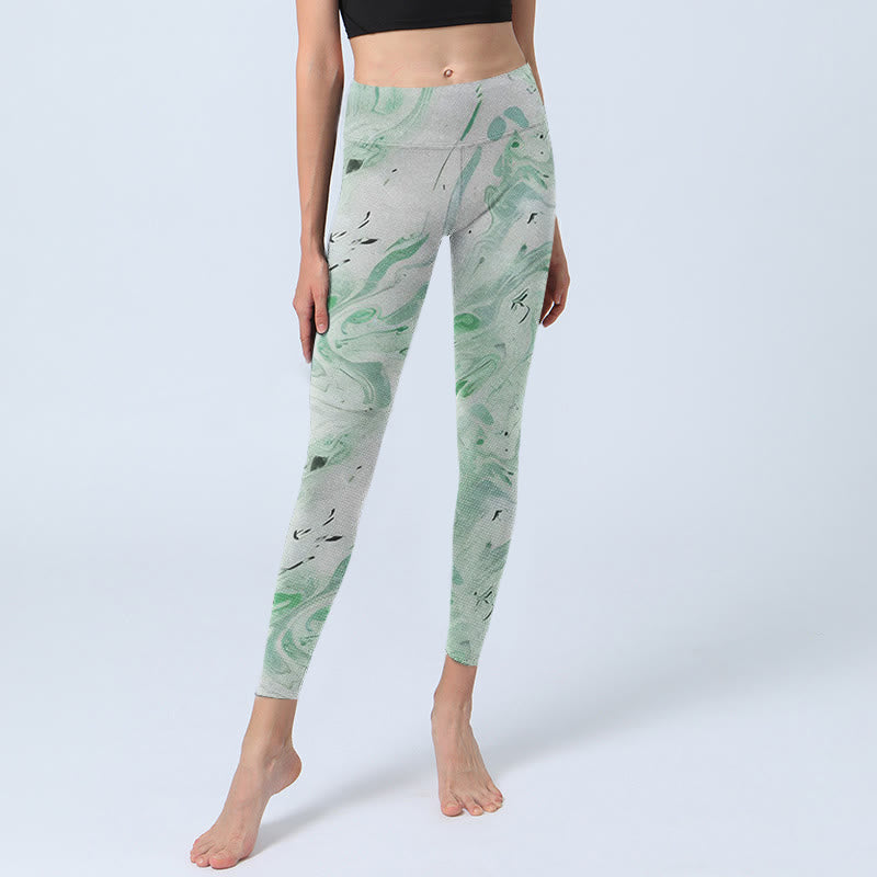Leggings da yoga da donna con stampa a linee fluide, verde melanzana e bianco Buddha Stones