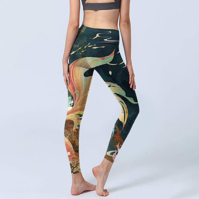 Leggings da yoga da donna con lanterna volante a forma di torre di pesce koi grigio ardesia scuro Buddha Stones - image 4