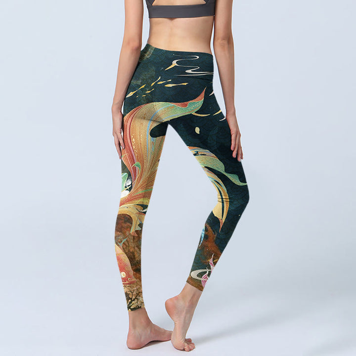 Leggings da yoga da donna con lanterna volante a forma di torre di pesce koi grigio ardesia scuro Buddha Stones - image 4