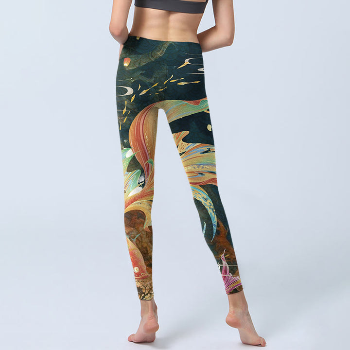 Leggings da yoga da donna con lanterna volante a forma di torre di pesce koi grigio ardesia scuro Buddha Stones - image 6