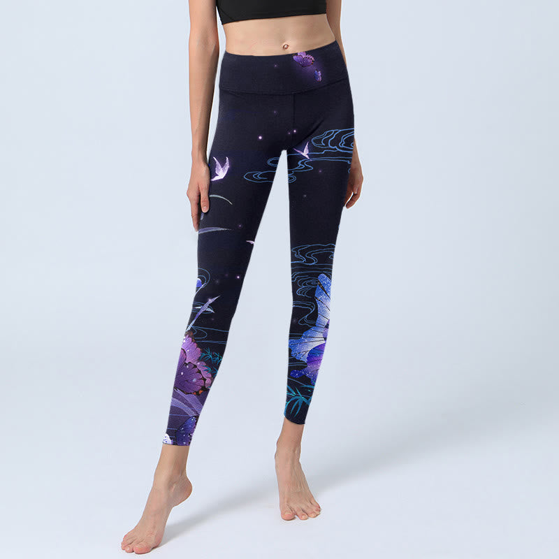 Leggings da yoga da donna con fiori blu notte e farfalle viola Buddha Stones - image 5