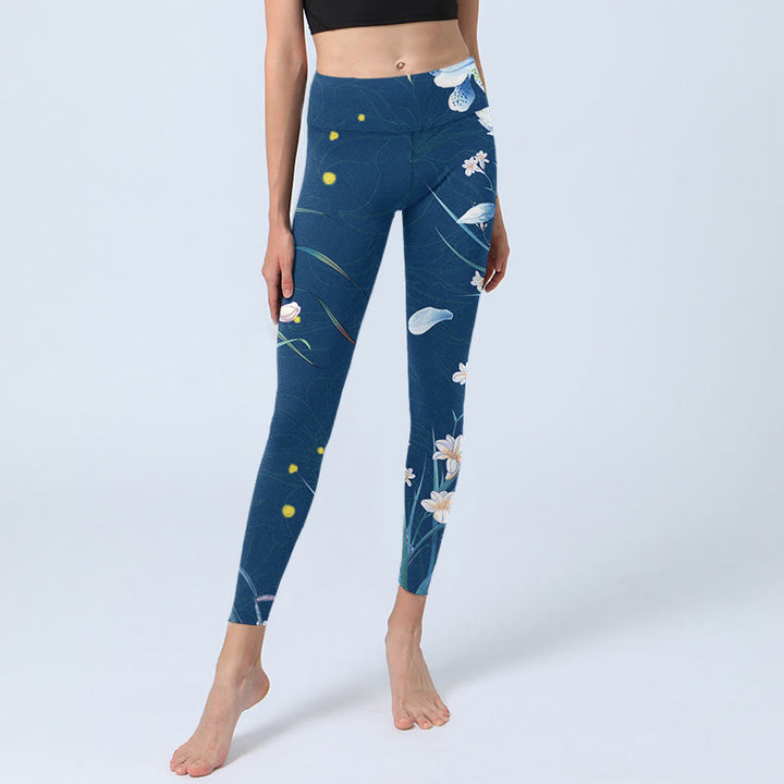 Buddha Stones SteelBlue Piccoli fiori bianchi Farfalla Leggings da esercizio Pantaloni da yoga da donna - image 5