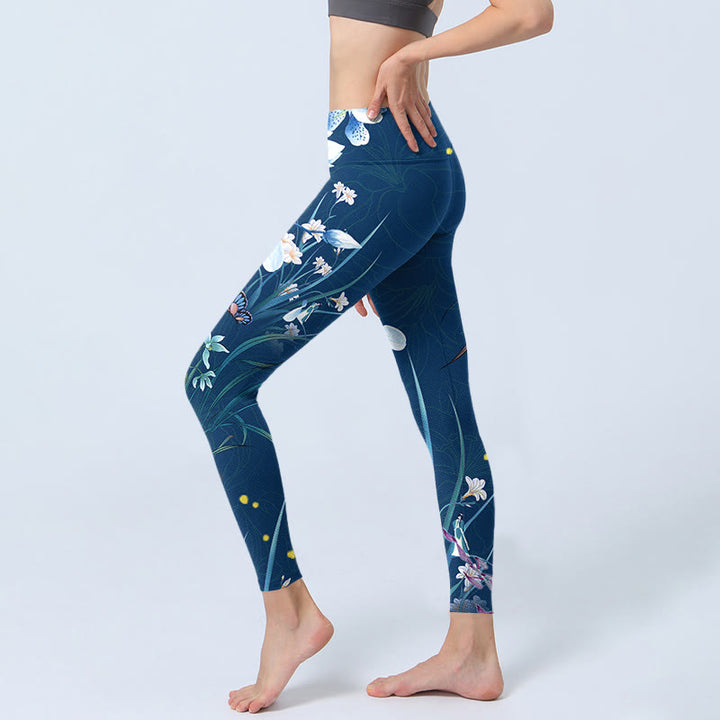 Buddha Stones SteelBlue Piccoli fiori bianchi Farfalla Leggings da esercizio Pantaloni da yoga da donna - image 2