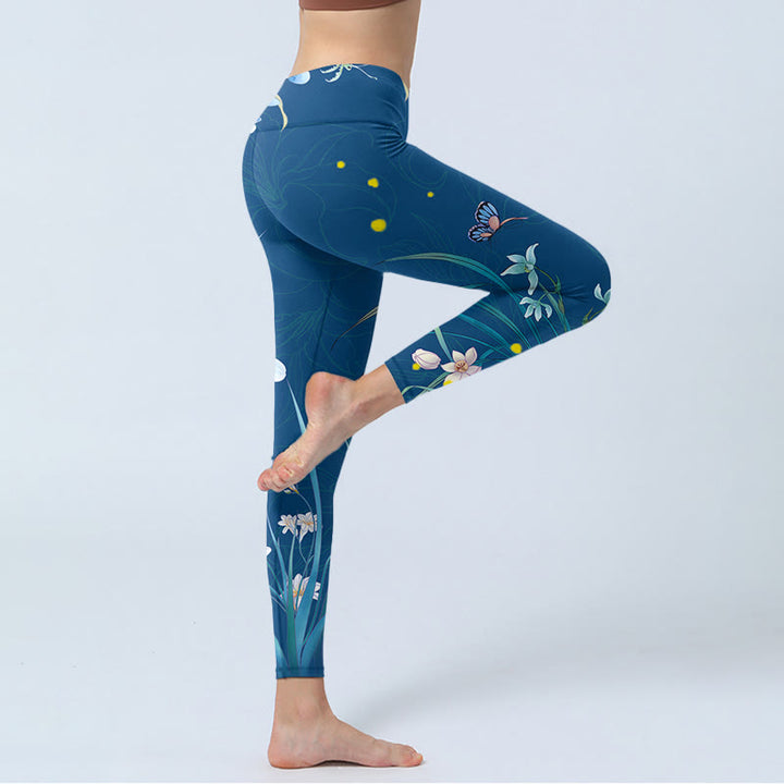 Buddha Stones SteelBlue Piccoli fiori bianchi Farfalla Leggings da esercizio Pantaloni da yoga da donna - image 3