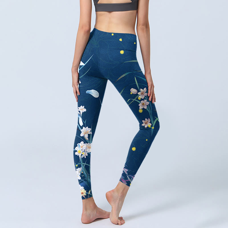 Buddha Stones SteelBlue Piccoli fiori bianchi Farfalla Leggings da esercizio Pantaloni da yoga da donna - image 4