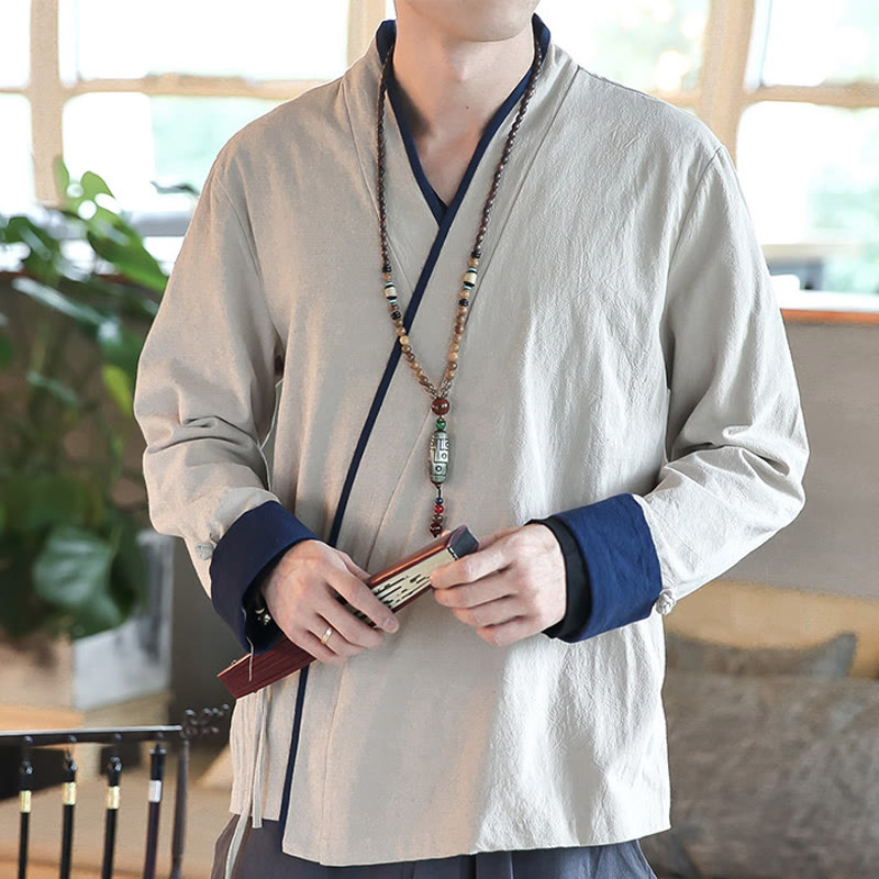 Camicia a maniche lunghe color block autunnale Buddha Stones in lino con lacci Abbigliamento uomo