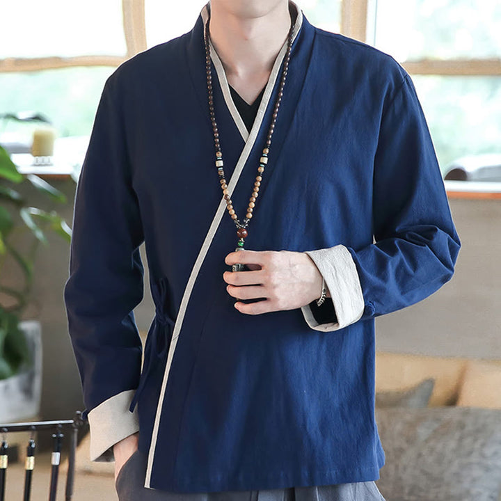 Camicia a maniche lunghe color block autunnale Buddha Stones in lino con lacci Abbigliamento uomo