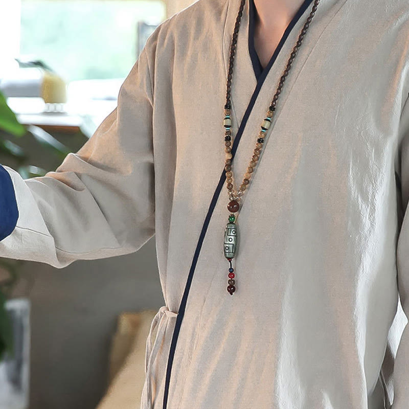 Camicia a maniche lunghe color block autunnale Buddha Stones in lino con lacci Abbigliamento uomo - image 14