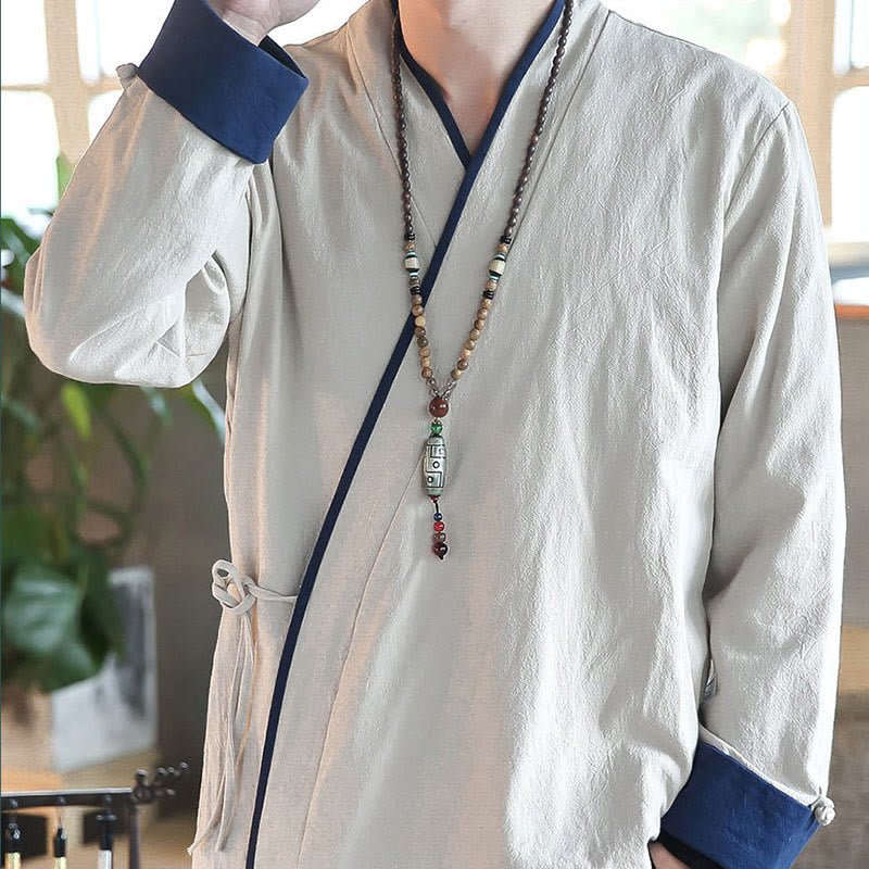 Camicia a maniche lunghe color block autunnale Buddha Stones in lino con lacci Abbigliamento uomo