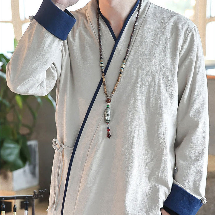 Camicia a maniche lunghe color block autunnale Buddha Stones in lino con lacci Abbigliamento uomo