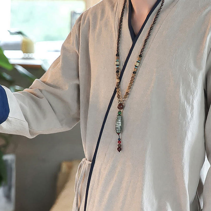 Camicia a maniche lunghe color block autunnale Buddha Stones in lino con lacci Abbigliamento uomo - image 14