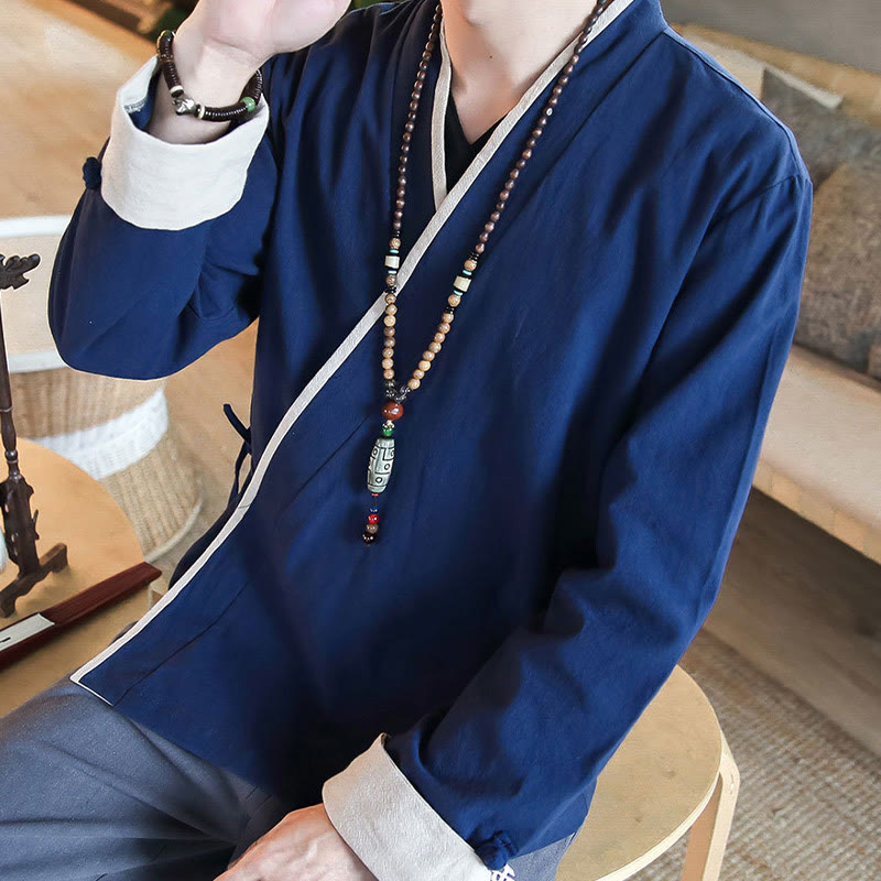 Camicia a maniche lunghe color block autunnale Buddha Stones in lino con lacci Abbigliamento uomo - image 3