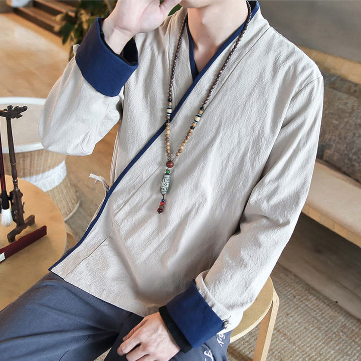 Camicia a maniche lunghe color block autunnale Buddha Stones in lino con lacci Abbigliamento uomo