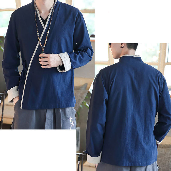 Camicia a maniche lunghe color block autunnale Buddha Stones in lino con lacci Abbigliamento uomo