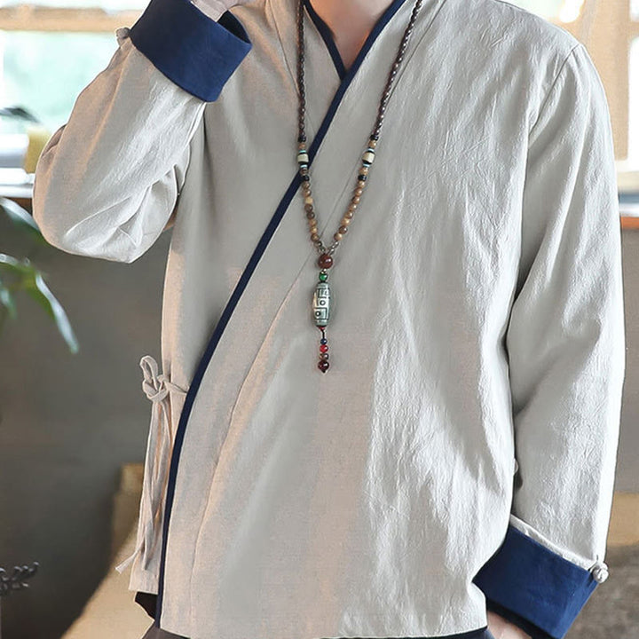 Camicia a maniche lunghe color block autunnale Buddha Stones in lino con lacci Abbigliamento uomo