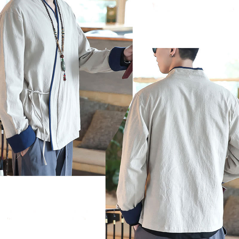Camicia a maniche lunghe color block autunnale Buddha Stones in lino con lacci Abbigliamento uomo