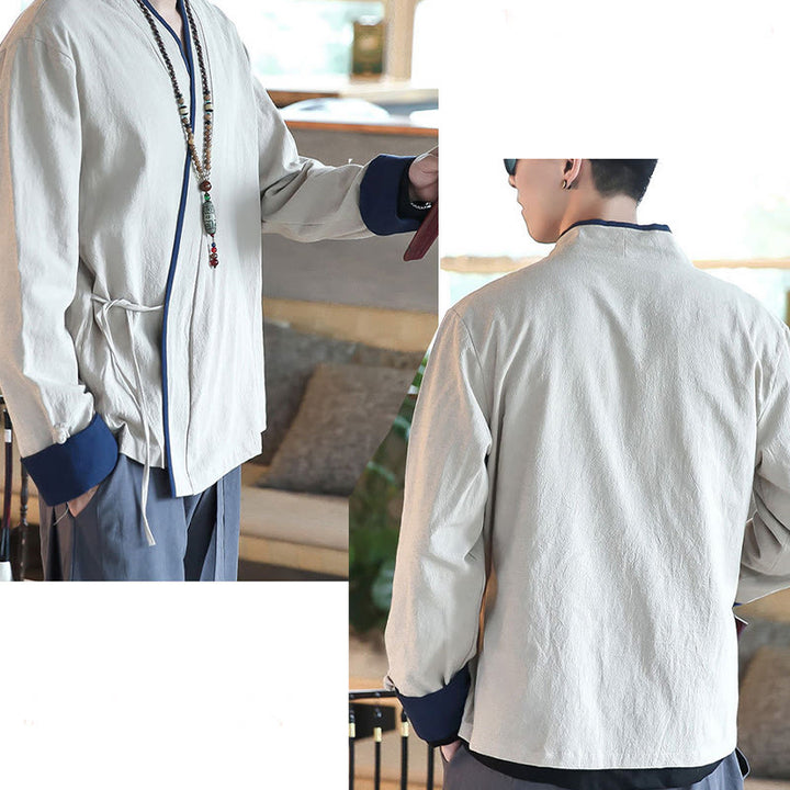 Camicia a maniche lunghe color block autunnale Buddha Stones in lino con lacci Abbigliamento uomo