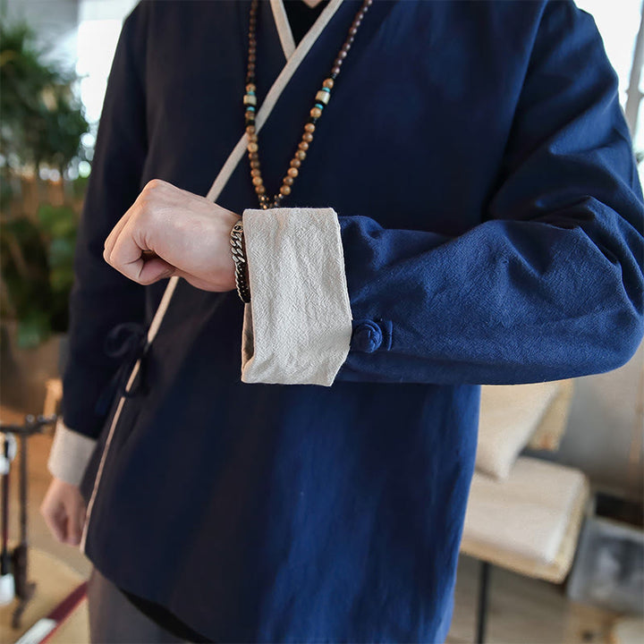 Camicia a maniche lunghe color block autunnale Buddha Stones in lino con lacci Abbigliamento uomo
