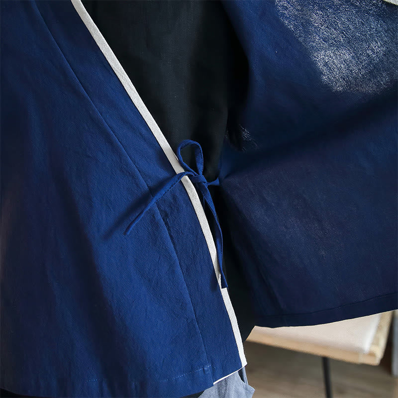 Camicia a maniche lunghe color block autunnale Buddha Stones in lino con lacci Abbigliamento uomo - image 9