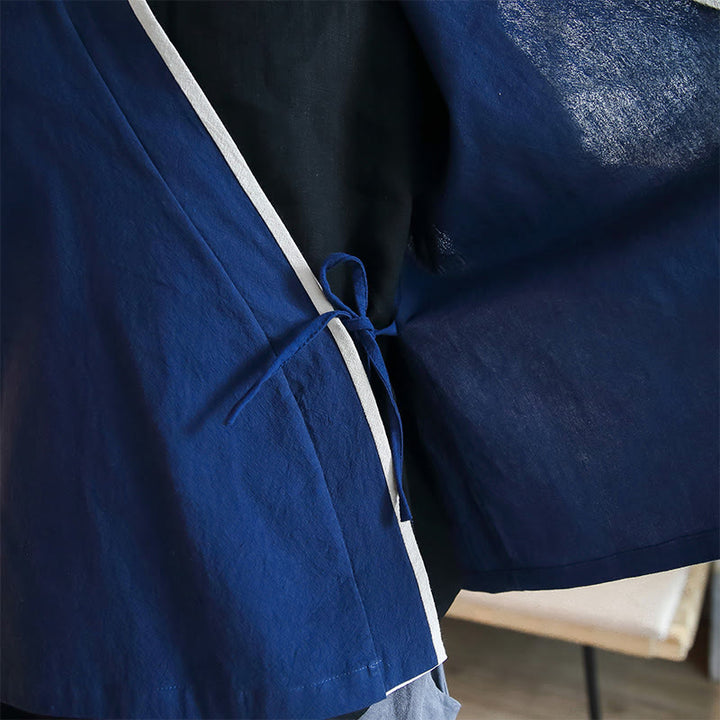 Camicia a maniche lunghe color block autunnale Buddha Stones in lino con lacci Abbigliamento uomo - image 9