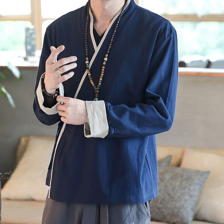 Camicia a maniche lunghe color block autunnale Buddha Stones in lino con lacci Abbigliamento uomo - image 2