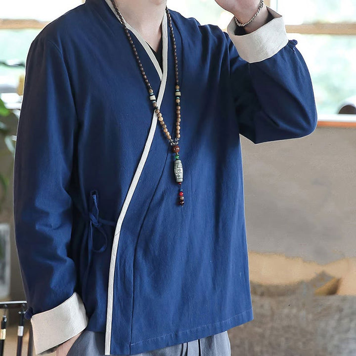 Camicia a maniche lunghe color block autunnale Buddha Stones in lino con lacci Abbigliamento uomo