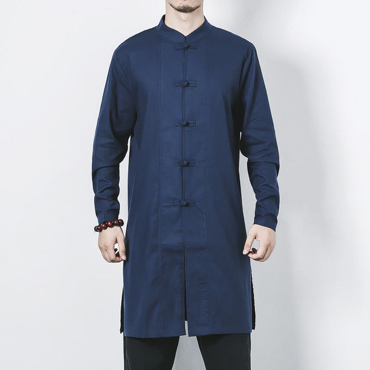 Cappotto da uomo in lino con bottoni a forma di rana, lunghezza media , Buddha Stones Fall Zen Clothing - image 1