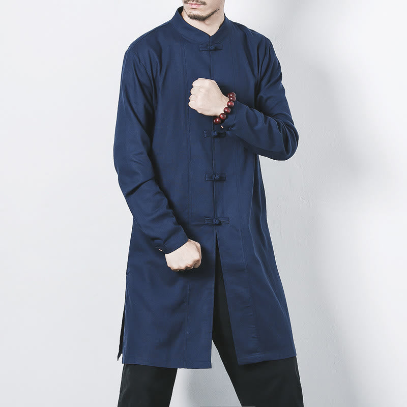 Cappotto da uomo in lino con bottoni a forma di rana, lunghezza media , Buddha Stones Fall Zen Clothing - SteelBlue - US/UK/AU46, EU56 (5XL) - image 0