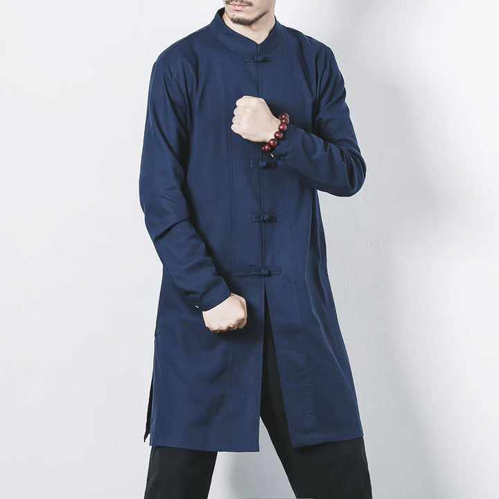 Cappotto da uomo in lino con bottoni a forma di rana, lunghezza media , Buddha Stones Fall Zen Clothing - SteelBlue - US/UK/AU46, EU56 (5XL) - image 0