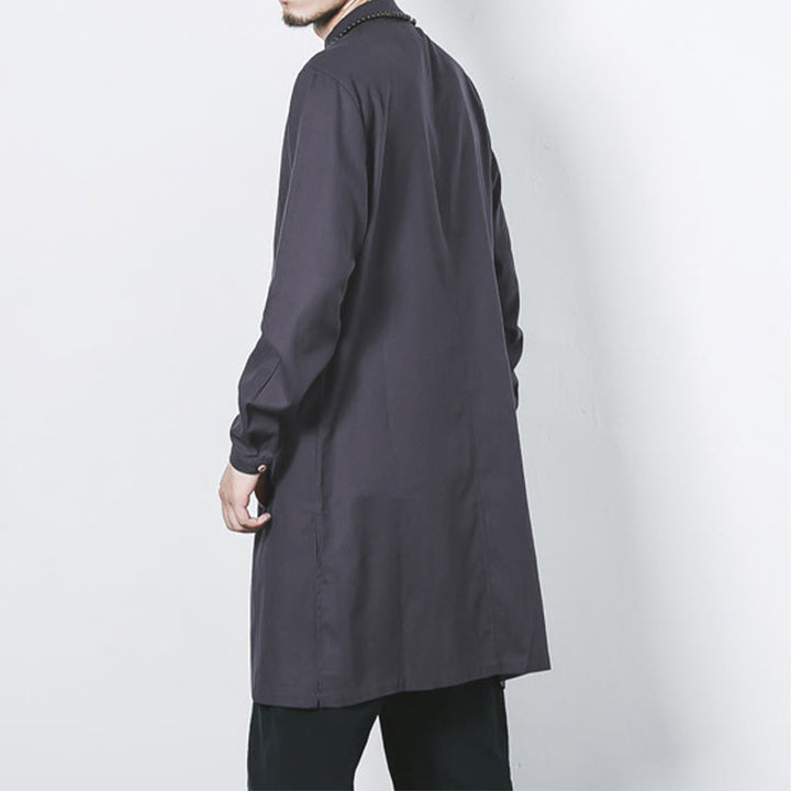 Cappotto da uomo in lino con bottoni a forma di rana, lunghezza media , Buddha Stones Fall Zen Clothing - image 24