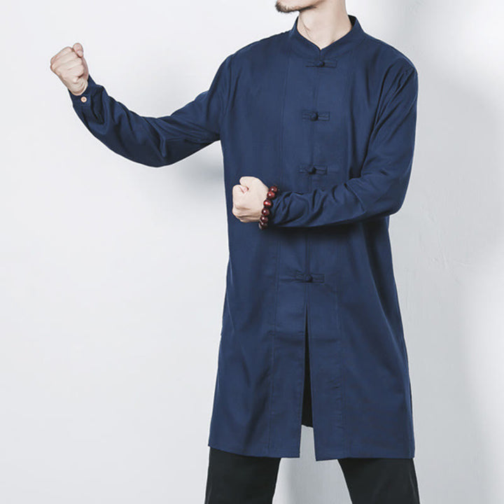 Cappotto da uomo in lino con bottoni a forma di rana, lunghezza media , Buddha Stones Fall Zen Clothing - image 4