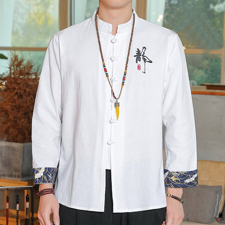 Buddha Stones Fall Solid Manica Lunga Camicia con Bottoni a Rana Lino Uomo Abbigliamento Zen - Bianco - US/UK/AU46, EU56 (5XL) - image 0