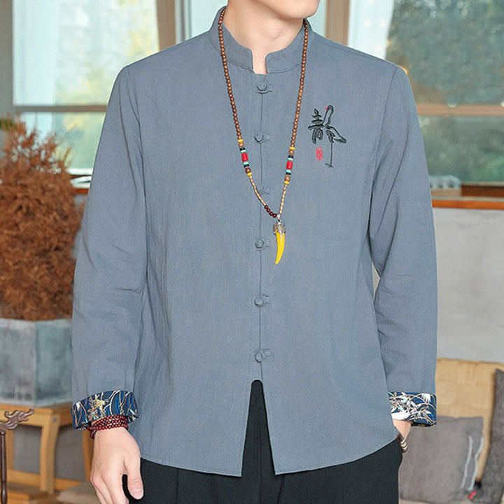 Buddha Stones Fall Solid Manica Lunga Camicia con Bottoni a Rana Lino Uomo Abbigliamento Zen - Azzurro polvere - US/UK/AU46, EU56 (5XL) - image 10
