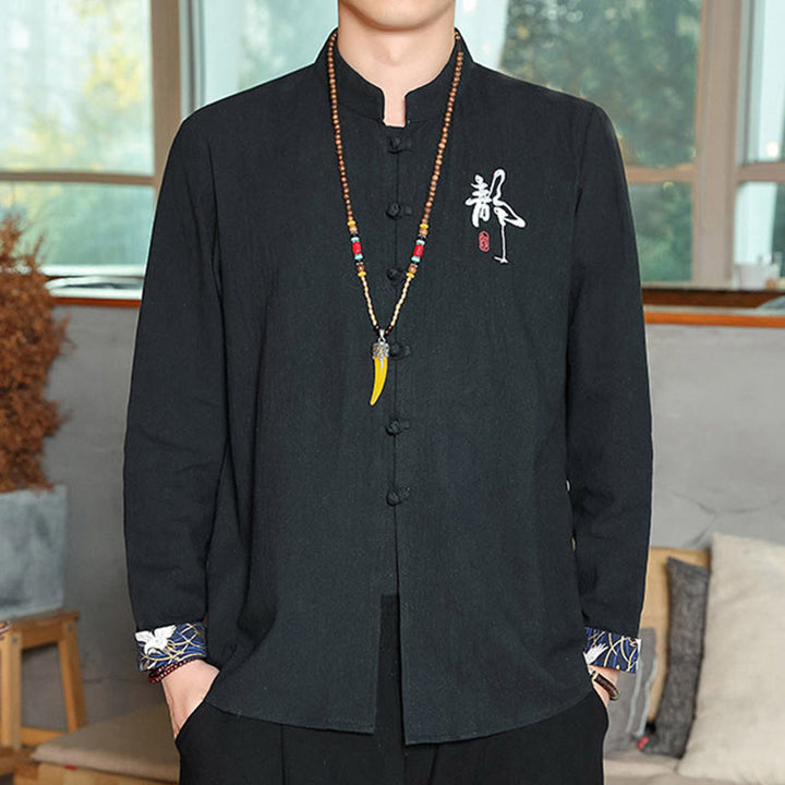 Buddha Stones Fall Solid Manica Lunga Camicia con Bottoni a Rana Lino Uomo Abbigliamento Zen - Nero - US/UK/AU46, EU56 (5XL) - image 15