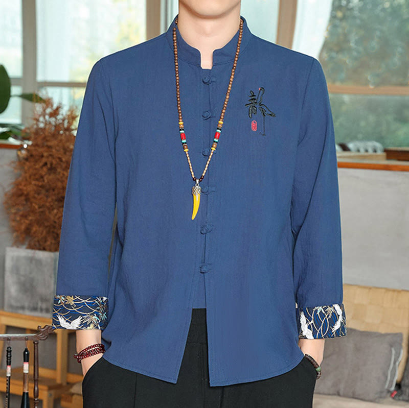 Buddha Stones Fall Solid Manica Lunga Camicia con Bottoni a Rana Lino Uomo Abbigliamento Zen - SteelBlue - US/UK/AU46, EU56 (5XL) - image 21