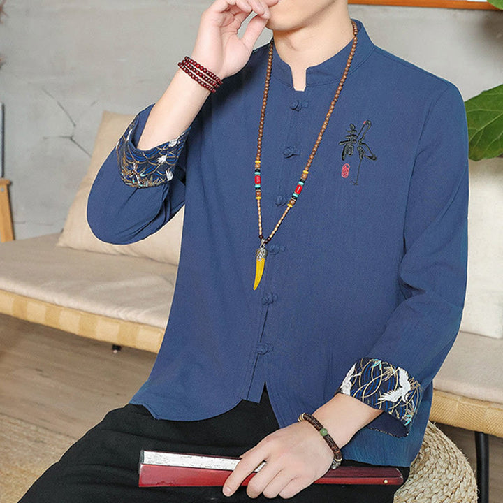 Buddha Stones Fall Solid Manica Lunga Camicia con Bottoni a Rana Lino Uomo Abbigliamento Zen - image 26