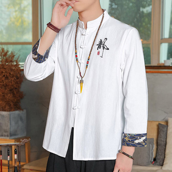 Buddha Stones Fall Solid Manica Lunga Camicia con Bottoni a Rana Lino Uomo Abbigliamento Zen - image 4