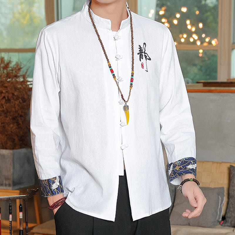 Buddha Stones Fall Solid Manica Lunga Camicia con Bottoni a Rana Lino Uomo Abbigliamento Zen - image 1