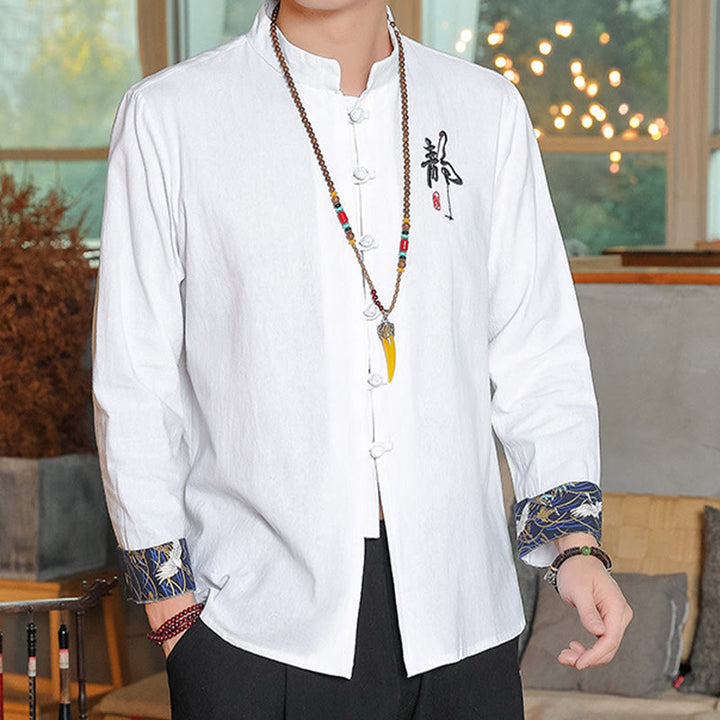 Buddha Stones Fall Solid Manica Lunga Camicia con Bottoni a Rana Lino Uomo Abbigliamento Zen - image 1