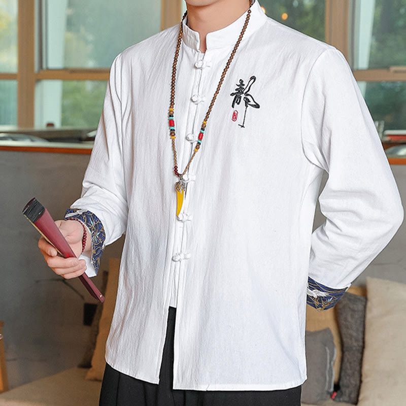 Buddha Stones Fall Solid Manica Lunga Camicia con Bottoni a Rana Lino Uomo Abbigliamento Zen - image 3