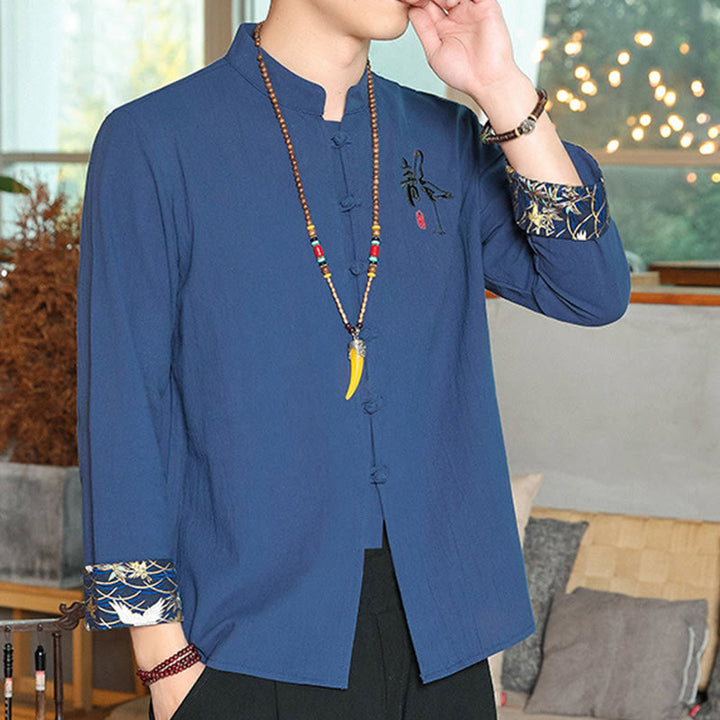 Buddha Stones Fall Solid Manica Lunga Camicia con Bottoni a Rana Lino Uomo Abbigliamento Zen - image 22