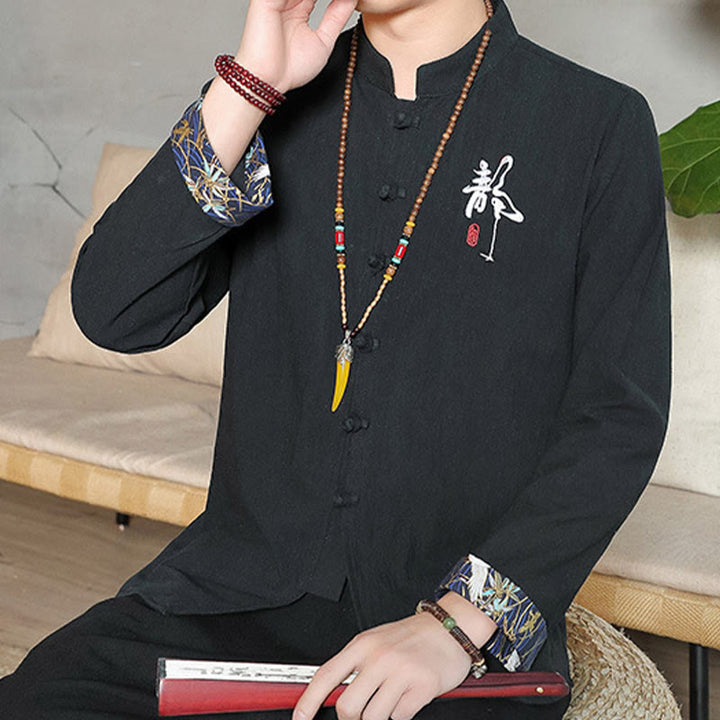 Buddha Stones Fall Solid Manica Lunga Camicia con Bottoni a Rana Lino Uomo Abbigliamento Zen - image 20