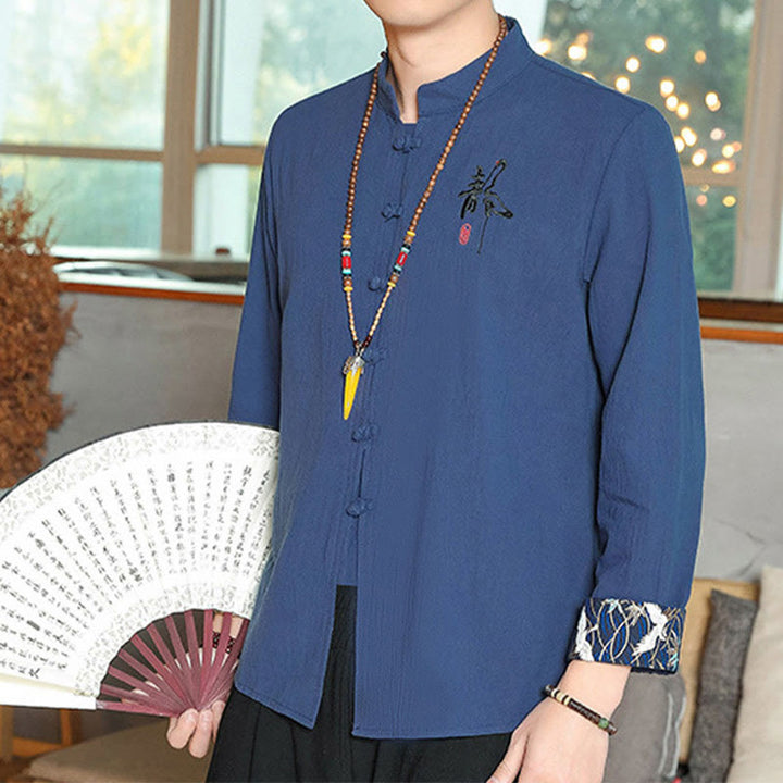 Buddha Stones Fall Solid Manica Lunga Camicia con Bottoni a Rana Lino Uomo Abbigliamento Zen - image 24