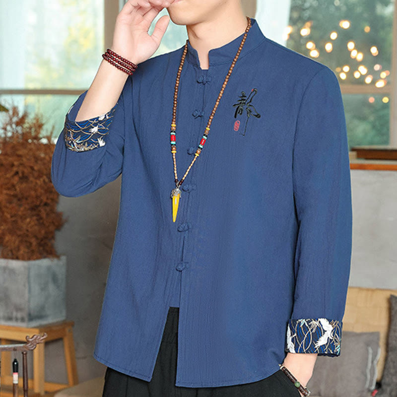 Buddha Stones Fall Solid Manica Lunga Camicia con Bottoni a Rana Lino Uomo Abbigliamento Zen - image 25