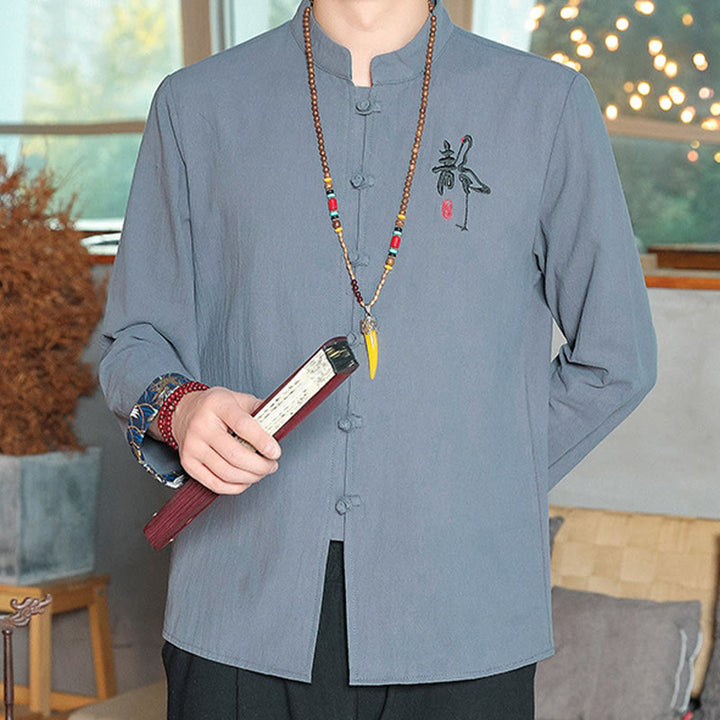 Buddha Stones Fall Solid Manica Lunga Camicia con Bottoni a Rana Lino Uomo Abbigliamento Zen - image 14