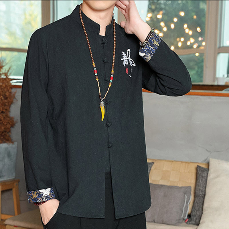Buddha Stones Fall Solid Manica Lunga Camicia con Bottoni a Rana Lino Uomo Abbigliamento Zen - image 16