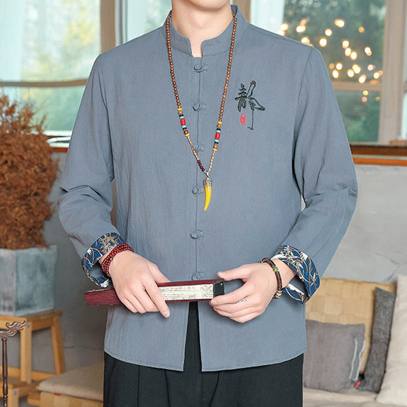 Buddha Stones Fall Solid Manica Lunga Camicia con Bottoni a Rana Lino Uomo Abbigliamento Zen - image 12